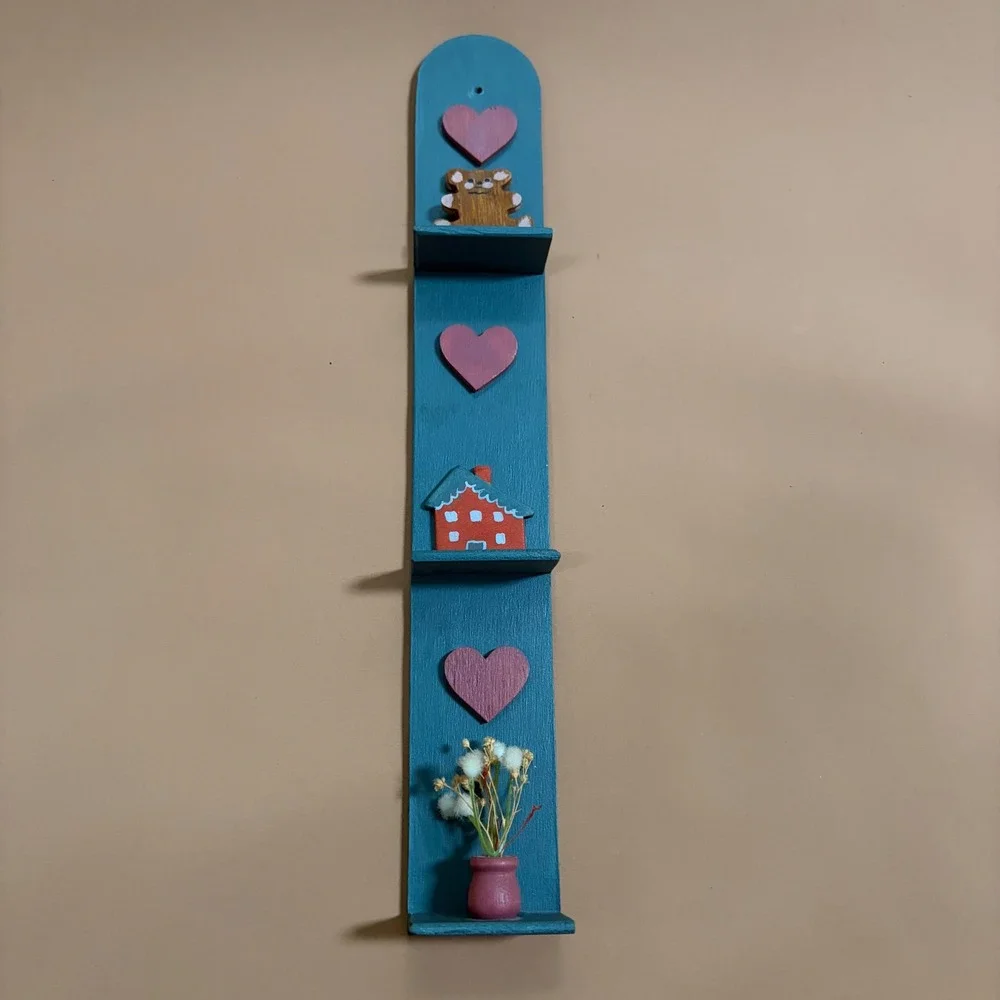 Vintage Folk Art 3D Wooden Wall Shelf Hearts Teddy Bear Cottage Grandma Retro